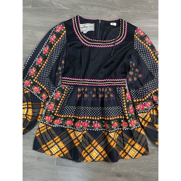 Vintage Young Edwardian Blk Velvet Mixed Patchwork Bohemian Dress By Arpeja Sz 5 - Picture 1 of 10